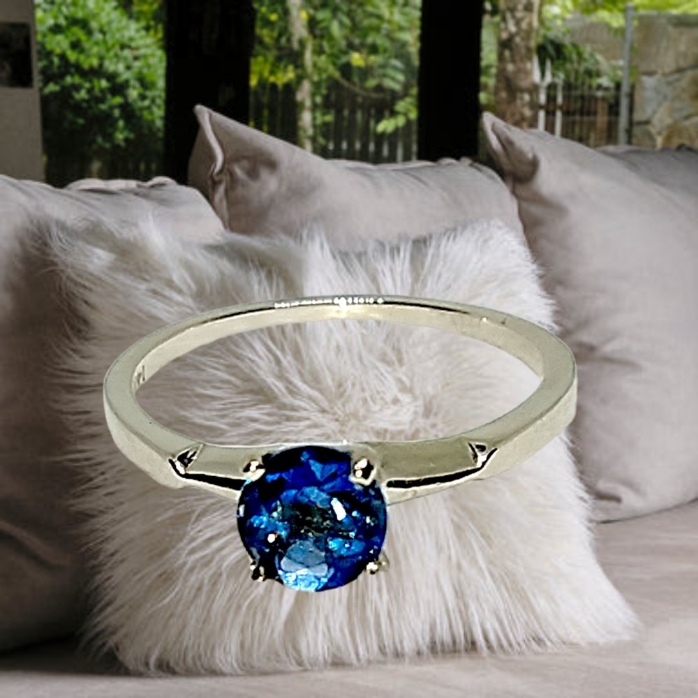 Solid 14k White Gold Ring Prong Set With Round Cut London Blue Topaz